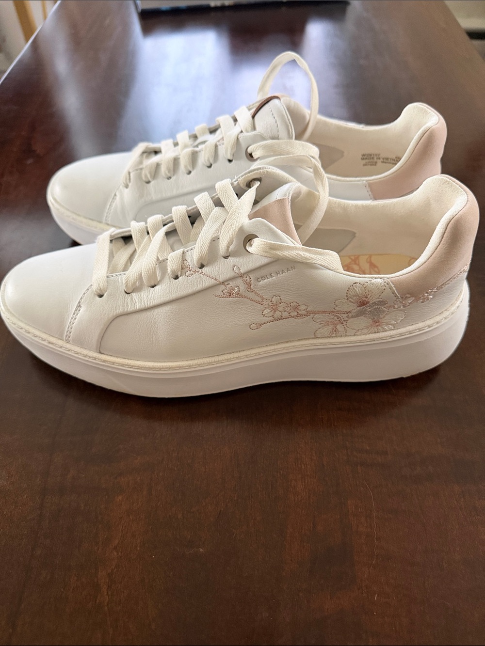 Cole Haan White Leather Platform Sneakers with Pink Floral Embroidery